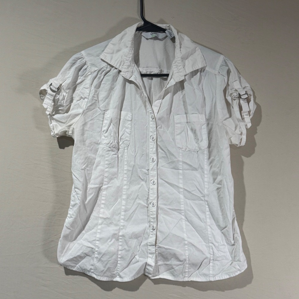 Quizz Trends Button Down Shirt Womens Small White Excellent Adjustable Sleeve